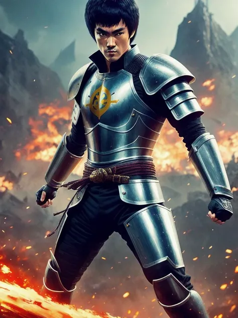 Bruce Lee in full steel knight armor, highly detailed, Art by Midjourney style, cinematic shot, cinematic look, intricate scene, artstation, complex background, extremely hyper aesthetic, insane details
