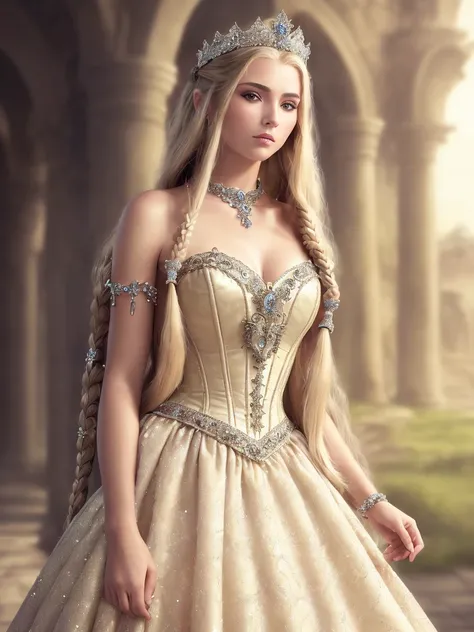 modelshoot style, (extremely detailed 8k wallpaper, Ultrarealistic:1.3), 1girl, a medium shot photo of a (beautiful 20 years old female warrior of Caucasian origin with a (extremely detailed very long hair with an intricate hairstyle:1.3)), Intricate, High Detail, dramatic, photo realistic, HDR, UHD, photography, subsurface scattering, (depth of field:0.3), (full body shot:1.3), full-length portrait, fantasy setting, village background, Style-Princess