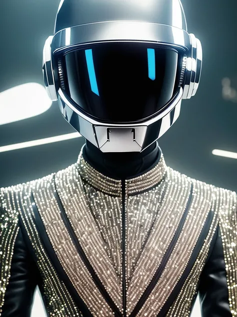 a close up of a person wearing a suit and a helmet, a black and white photo, futurism, daft punk, mario testino, sequins, k high definition, high-detaild, pepper, shady, performing, pleasure, moonwalker photo, ((intricate details)), ((intricate details, hyper detail)), cinematic frame, epic realistic