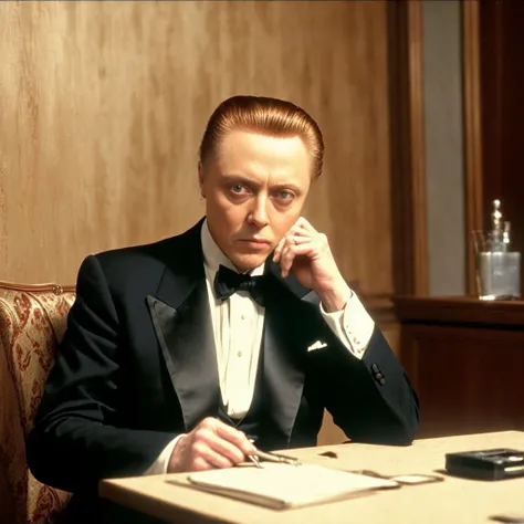 ((Christopher Walken)) with a tuxedo in a gangster movie, the godfather, 30s, close shot, hands in pockets, resting against a wall, near a desk, ((movie still frame)),  ((close shot)), color movie, complex stuff around, intricate in the background, (((film grain))),  extremely detailed, 8k, (((detailed skin))), cinematic