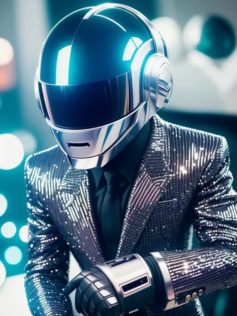 a close up of a person wearing a suit and a helmet, a black and white photo, futurism, daft punk, mario testino, sequins, k high definition, high-detaild, pepper, shady, performing, pleasure, moonwalker photo, ((intricate details)), ((intricate details, hyper detail)), cinematic frame, epic realistic