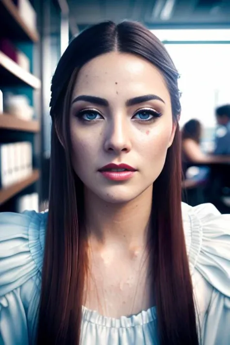 (masterwork:1.1), (photorealism:1.1), ((high angle POV:1.4)), (1girl), kneeling, facing the camera, (looking up to camera:1.2), long hair with shaven side, instaport style, Epic Fantasy Painting of cold icy supermodel wearing ice, flushed, ((full body portrait)), alternative woman, (open mouth), (face cumshot:1.1), (wearing a long white dress:1.2), (arms behind back:1.2), (necklage), (moaning), detailed photograph, poster, high detailed, 8k, focus on lips, facing camera, 8k resolution, embarrassed, (orgasming), (partially closed eyes), nsfw, polished, HDR, 8k, sharp focus, focus on face, medium breasts, dark eyeliner, lipstick, (in a dimly lit office cubicle), at day, background lights, people in background, color photo, shallow depth of field, natural light, (perfect hands), perfect face, damp hair