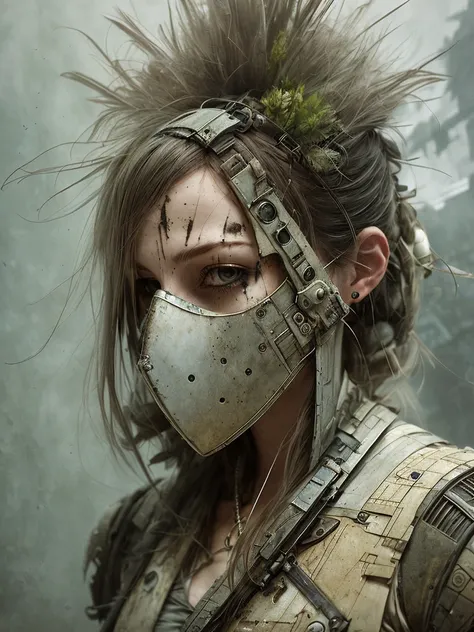 a ((medium close up)) photograph of an ominous female with scifi ((mask)) in ((abandoned place)), by Ellen Jewett, by Leibovitz, (((muted colors, dim)))