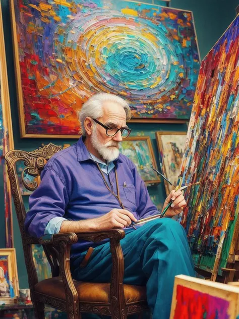 oldman in chair, artist, complex stuff around, intricate in the background, art, close up, painting, detailed, cartoon, cinematic shot, fantasy, low saturation, vignette, extremely hyper aesthetic, complex stuff around