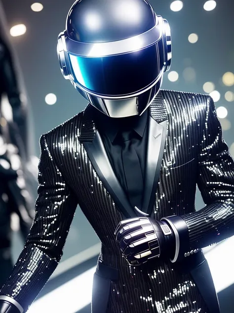 a close up of a person wearing a suit and a helmet, a black and white photo, futurism, daft punk, mario testino, sequins, k high definition, high-detaild, pepper, shady, performing, pleasure, moonwalker photo, ((intricate details)), ((intricate details, hyper detail)), cinematic frame, epic realistic