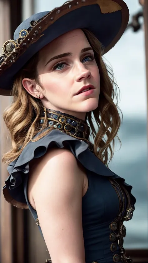 close up, EmWat69 in the hat, victorian era, ((steampunk)), cinematography, crafted, elegant, meticulous, magnificent, maximum details, extremely hyper aesthetic, intricately detailed