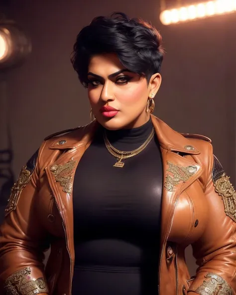 analog style, expertly illuminated, Khalida Saleem, (big fat muscle:1.0), (big breast:1.0), (((big beautiful man))), 21 year old, wearing a leather jacket steampunk, (((very short hair))), cinematography, crafted, elegant, meticulous, magnificent, maximum details, extremely hyper aesthetic, intricately detailed