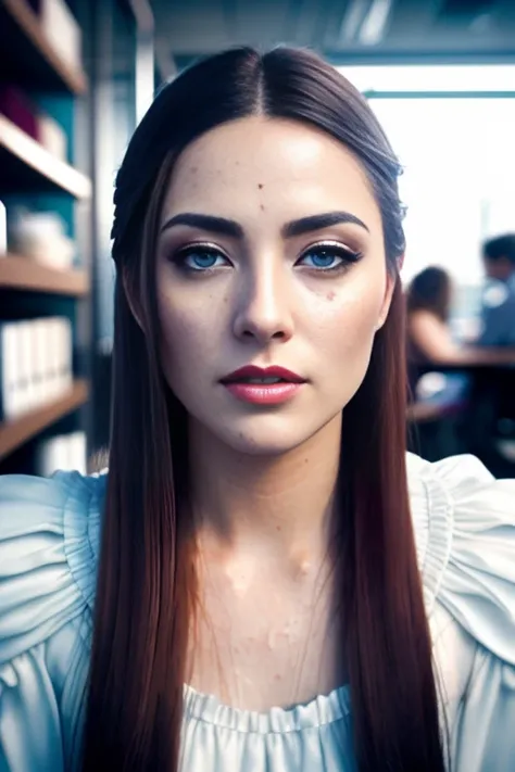 (masterwork:1.1), (photorealism:1.1), ((high angle POV:1.4)), (1girl), kneeling, facing the camera, (looking up to camera:1.2), long hair with shaven side, instaport style, Epic Fantasy Painting of cold icy supermodel wearing ice, flushed, ((full body portrait)), alternative woman, (open mouth), (face cumshot:1.1), (wearing a long white dress:1.2), (arms behind back:1.2), (necklage), (moaning), detailed photograph, poster, high detailed, 8k, focus on lips, facing camera, 8k resolution, embarrassed, (orgasming), (partially closed eyes), nsfw, polished, HDR, 8k, sharp focus, focus on face, medium breasts, dark eyeliner, lipstick, (in a dimly lit office cubicle), at day, background lights, people in background, color photo, shallow depth of field, natural light, (perfect hands), perfect face, damp hair