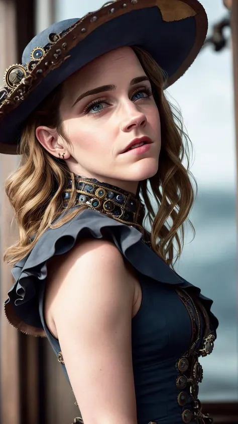 close up, EmWat69 in the hat, victorian era, ((steampunk)), cinematography, crafted, elegant, meticulous, magnificent, maximum details, extremely hyper aesthetic, intricately detailed