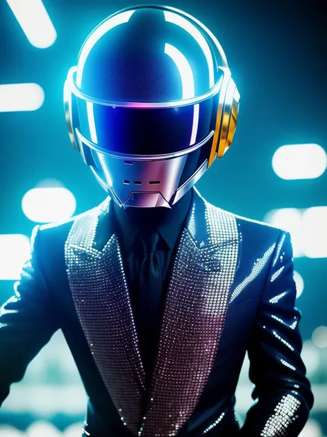 a close up of a person wearing a suit and a helmet, a black and white photo, futurism, daft punk, mario testino, sequins, k high definition, high-detaild, pepper, shady, performing, pleasure, moonwalker photo, ((intricate details)), hdr, ((intricate details, hyper detail)), cinematic frame, epic realistic, vignette