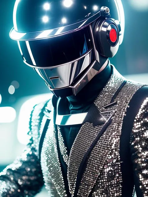 a close up of a person wearing a suit and a helmet, a black and white photo, futurism, daft punk, mario testino, sequins, k high definition, high-detaild, pepper, shady, performing, pleasure, moonwalker photo, ((intricate details)), ((intricate details, hyper detail)), cinematic frame, epic realistic