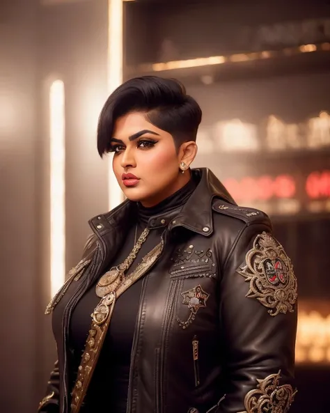 analog style, expertly illuminated, Khalida Saleem, (big fat muscle:1.0), (big breast:1.0), (((big beautiful man))), 21 year old, wearing a leather jacket, (((very short hair))), cinematography, crafted, elegant, meticulous, magnificent, maximum details, extremely hyper aesthetic, intricately detailed