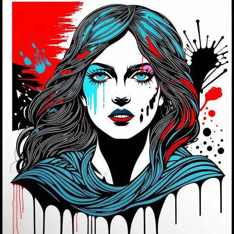 oil paint, block print paint, woman in a storm, graffiti art, abstract painting color splashes, highly detailed, trending on artstation