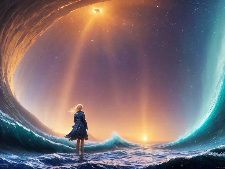 full shot, (portrait:0.2) (standing) cute blonde hair 18yo girl, inside the water waves (tunnel), stars blackhole Gargantua background, wet, sunrays, insane details, cinematic, epic realistic, intricate details, hyperdetailed, high quality, [RAW], (by Ivan Aivazovsky)