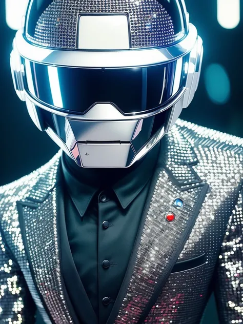 a close up of a person wearing a suit and a helmet, a black and white photo, futurism, daft punk, mario testino, sequins, k high definition, high-detaild, pepper, shady, performing, pleasure, moonwalker photo, ((intricate details)), ((intricate details, hyper detail)), cinematic frame, epic realistic