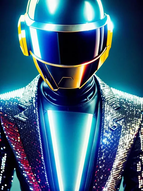 a close up of a person wearing a suit and a helmet, a black and white photo, futurism, daft punk, sequins, k high definition, high-detaild, pepper, shady, performing, pleasure, moonwalker photo, ((intricate details)), ((intricate details, hyper detail)), cinematic frame, epic realistic