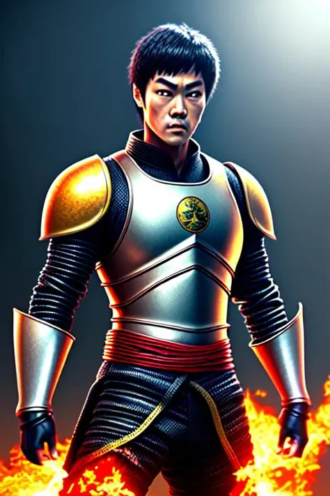 Bruce Lee in full steel knight armor, highly detailed, Art by Midjourney style, cinematic shot, cinematic look, intricate scene, artstation, complex background, extremely hyper aesthetic, insane details