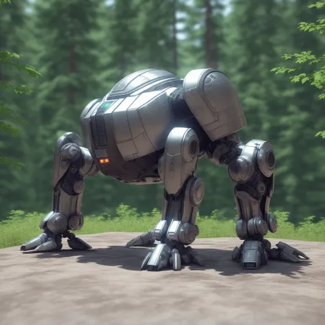 (aerial top side view:1.3), robot spider, guns, titanium plates, (six thick fat legs:1.3), meadow forest trees flowers detailed back background, huge armor, sci-fi, 8k, 4k, octane renderer