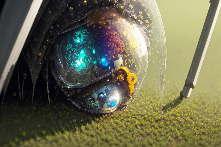 sci-fi, a corpse of a robot lying from side in the (rain), wet, Style-Petal, Style-Glass, full_body_shot, closeup, dramatic, subsurface scattering, (highly detailed:1.2), painting
