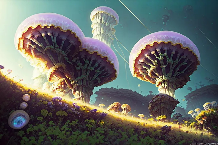 Fog Canyon, night and (explosive jellyfish:1.2), Style-Petal, Style-Glass, dramatic, volumetric lighting, subsurface scattering, (highly detailed:1.2), <hypernet:LuisapVintage_v1:0.3>