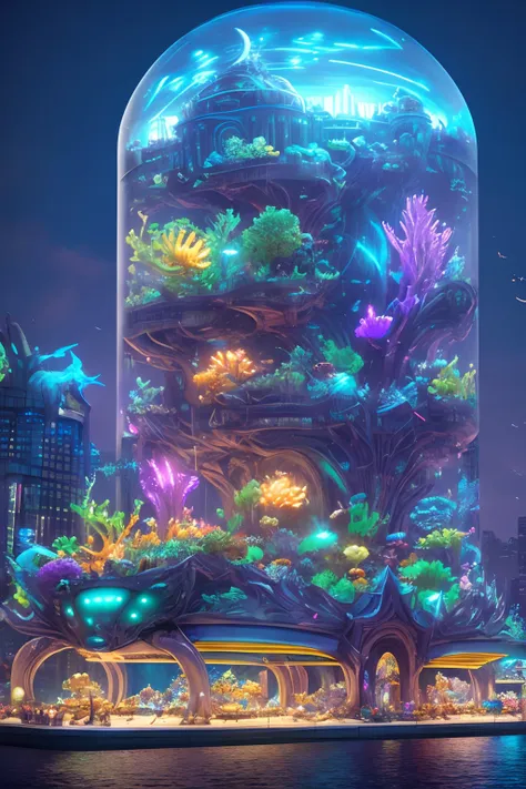 epic fantasy concept, a modern transparent building at night as a huge aquarium containing marine lifeforms, pretty colorful lights decorations, wide shot, 8k octane render, photorealistic, cinematic lighting, detailed building, detailed fish