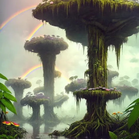 stalenhag, (dense alien jungle swamp:1.3), (many strange unusual rainbow flowers:1.3), sci-fi, hdr, 8k, 4k, octane renderer, huge detailed, artstation