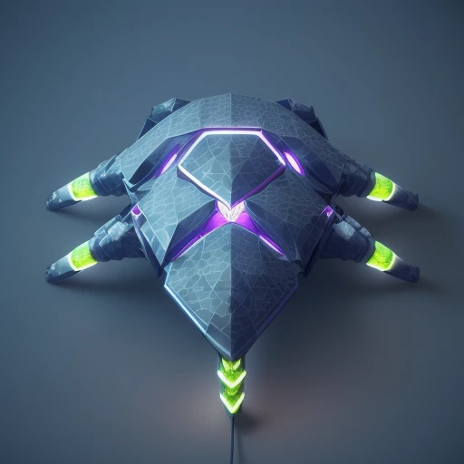 (voronoi:1.2), (aerial top side view:1.3), robot spider, (retro discharge lamp:1.2), guns, carbon plates, (five legs:1.6), sharp edges, solid shapes, dark ambient, dark forest trees flowers detailed back background, huge armor, sci-fi, 8k, 4k, octane renderer