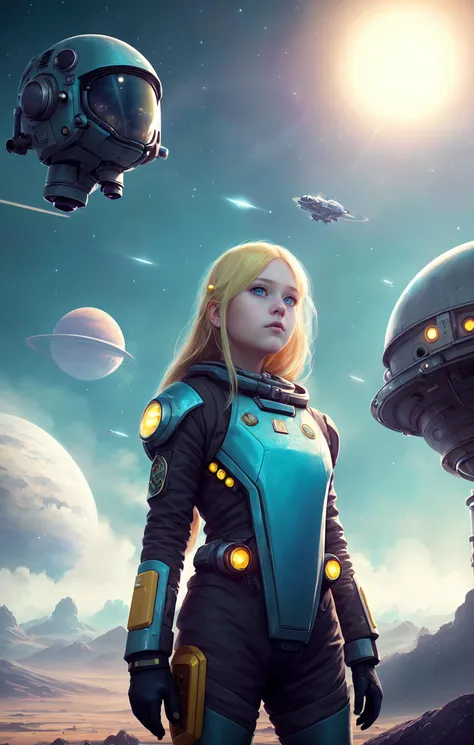 (young girl, 12 years old, blond hair, photorealistic, pale skin), (yellow (eyes:1.2)), (slim build:1.3), (fantasy space suit), beautiful face, symmetrical face, Greg Rutkowski, wlop and Sam Kuvshinov, (long hair), blond eyelashes, large iris, large pupil, full body, standing on the background of the cosmodrome, artstation, 8k, science fiction, pastel colors, props, panel, concept, futuristic, gribble, simon stalenhag, space, in outer space, a spaceship in the sky, technological blocks