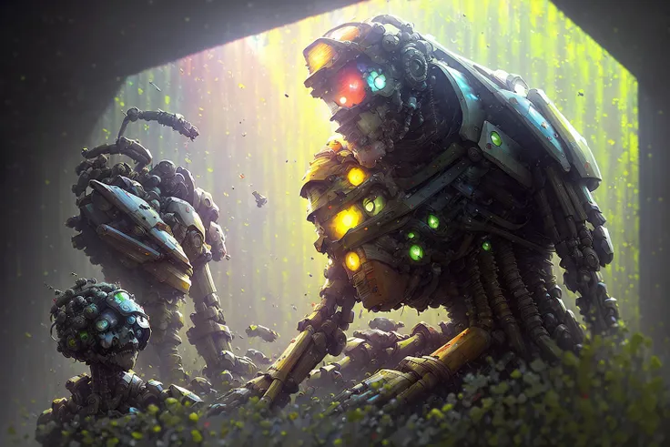 sci-fi, a corpse of a giant robot in the rain, Style-Petal, [Style-Autumn], Style-Glass, full_body_shot, closeup, dramatic, volumetric lighting, subsurface scattering, (highly detailed:1.2), painting, <hypernet:LuisapVintage_v1:0.18>