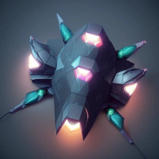 (voronoi:1.2), (aerial top side view:1.3), robot spider, (retro discharge lamp:1.2), guns, carbon plates, (five legs:1.6), sharp edges, solid shapes, dark ambient, dark forest trees flowers detailed back background, huge armor, sci-fi, 8k, 4k, octane renderer