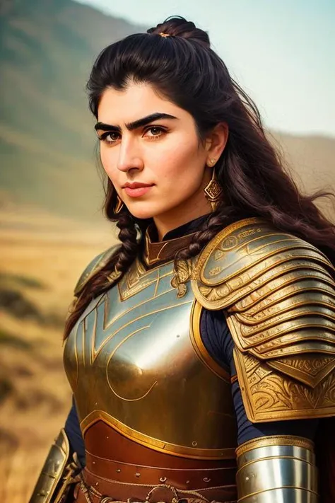 analog style, full body height portrait of a strong kurde woman with a proud glance, thick eyebrows, full armor, detailed_eyes, ((low angle shot)), (muscular), (powerful:1.3), ((pov)), sharp focus, 8k uhd, dslr, high quality, film grain, Fujifilm XT3, (powerful:1.3)