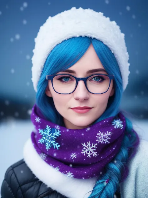 highly detailed portrait of woman, nordic woman, snow, scarf, 120mm, night atmosphere, night city in the background, soft colors, 35 yo, gucci glasses, close up portrait, (realistic photo:1.4), blue hair, snowflakes