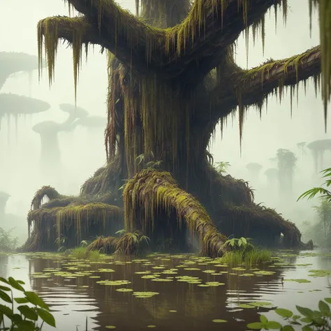 stalenhag, (dense alien jungle swamp:1.3), old destroyed parts rust atom nuclear, sci-fi, knots colorfully raw surface, smooth round shapes, hdr, 8k, 4k, octane renderer, huge detailed, artstation