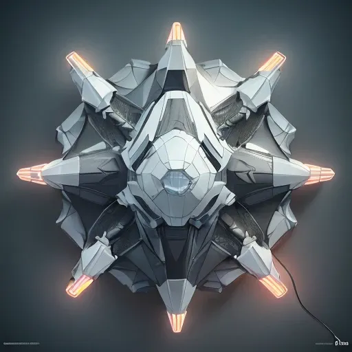 voronoi, (aerial top side view:1.3), robot spider, (retro discharge lamp:1.2), guns, carbon plates, (five legs:1.6), sharp edges, solid shapes, dark ambient, dark forest trees flowers detailed back background, huge armor, sci-fi, 8k, 4k, octane renderer
