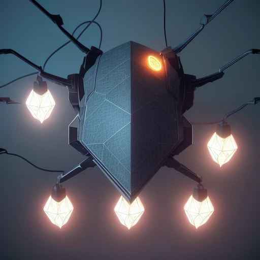 voronoi, (aerial top side view:1.3), robot spider, (retro discharge lamp:1.2), guns, carbon plates, (five legs:1.6), sharp edges, solid shapes, dark ambient, dark forest trees flowers detailed back background, huge armor, sci-fi, 8k, 4k, octane renderer