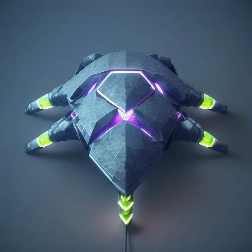 (voronoi:1.2), (aerial top side view:1.3), robot spider, (retro discharge lamp:1.2), guns, carbon plates, (five legs:1.6), sharp edges, solid shapes, dark ambient, dark forest trees flowers detailed back background, huge armor, sci-fi, 8k, 4k, octane renderer