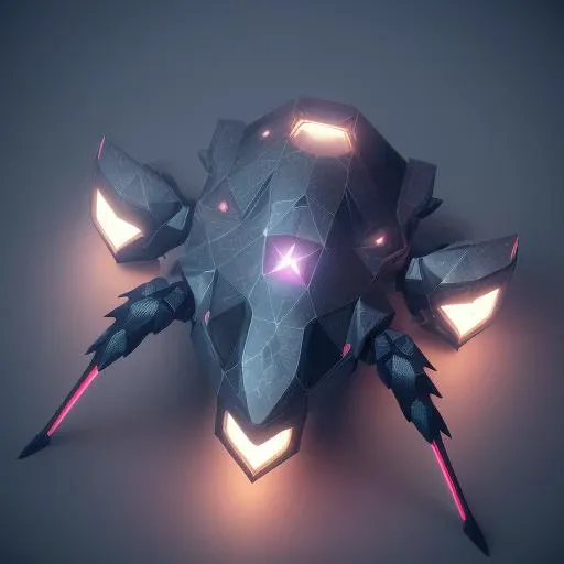 (voronoi:1.2), (aerial top side view:1.3), robot spider, (retro discharge lamp:1.2), guns, carbon plates, (five legs:1.6), sharp edges, solid shapes, dark ambient, dark forest trees flowers detailed back background, huge armor, sci-fi, 8k, 4k, octane renderer