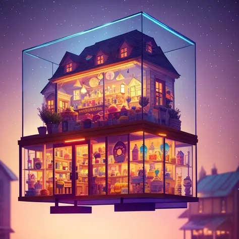 cute glass box floating magically in the air containing a general goods store, nighttime, pretty colorful light decorations, wide shot, cinematic lighting, Octane render, 8k, PERFECT (((gorgeous FACE))), highly detailed, INTRICATE