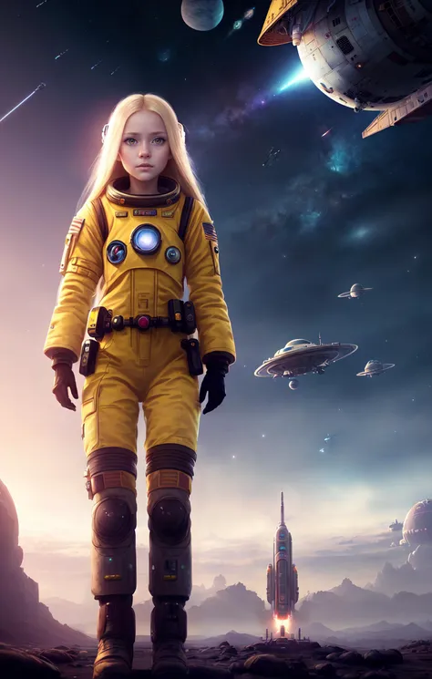 (young girl, 12 years old, blond hair, photorealistic, pale skin), (yellow (eyes:1.2)), (slim build:1.3), (fantasy space suit), beautiful face, symmetrical face, Greg Rutkowski, wlop and Sam Kuvshinov, (long hair), blond eyelashes, large iris, large pupil, full body, standing on the background of the cosmodrome, artstation, 8k, science fiction, pastel colors, props, panel, concept, futuristic, gribble, simon stalenhag, space, in outer space, a spaceship in the sky, technological blocks