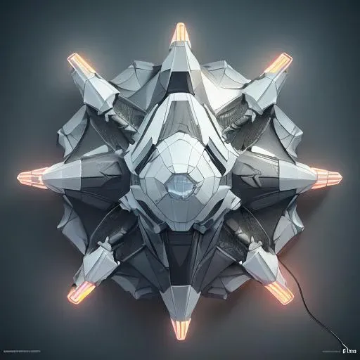 voronoi, (aerial top side view:1.3), robot spider, (retro discharge lamp:1.2), guns, carbon plates, (five legs:1.6), sharp edges, solid shapes, dark ambient, dark forest trees flowers detailed back background, huge armor, sci-fi, 8k, 4k, octane renderer