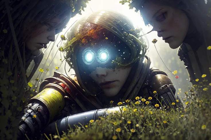 sci-fi, a corpse of an android sitting in the rain, Style-Petal, Style-Glass, full_body_shot, dramatic, volumetric lighting, subsurface scattering, (highly detailed:1.2), painting