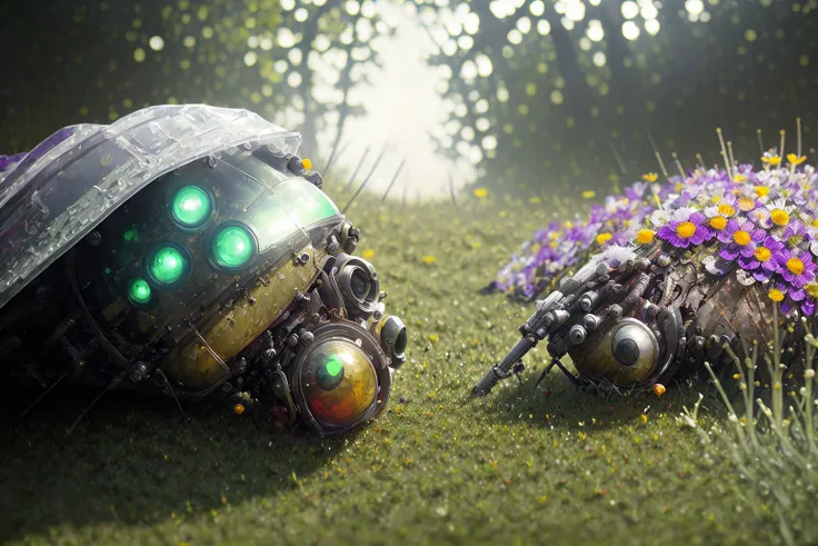 sci-fi, a corpse of a robot lying from side in the (rain), wet, Style-Petal, Style-Glass, full_body_shot, closeup, dramatic, subsurface scattering, (highly detailed:1.2), painting
