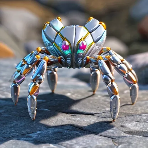 robot crab spider, Voronoi, (6 legs:1.3), shiny chrome armor plates, meadow flowers stones rock ground surface, huge armor, sci-fi, octane renderer, (top side view:1.4)