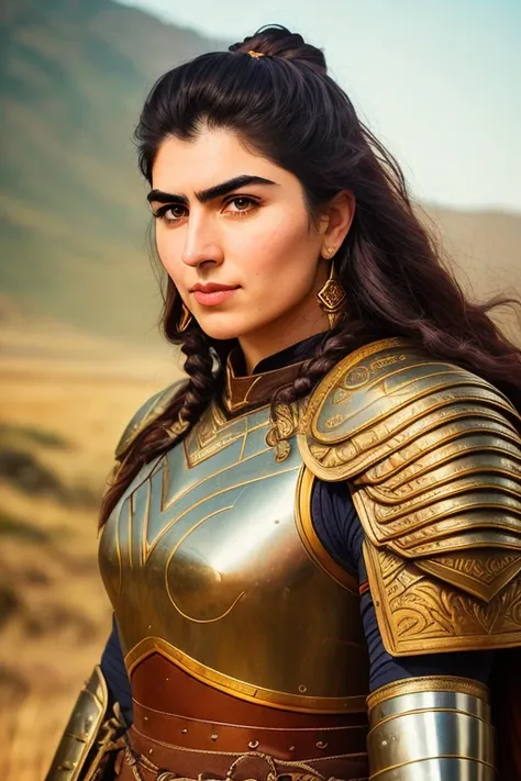 analog style, full body height portrait of a strong kurde woman with a proud glance, thick eyebrows, full armor, detailed_eyes, ((low angle shot)), (muscular), (powerful:1.3), ((pov)), sharp focus, 8k uhd, dslr, high quality, film grain, Fujifilm XT3, (powerful:1.3)