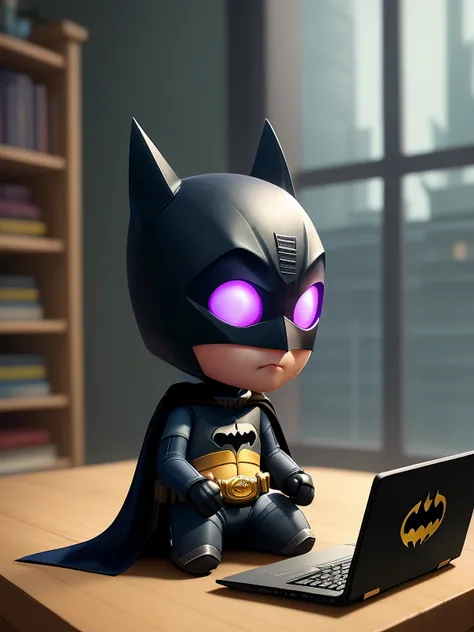Cute small humanoid batman sitting in front of laptop ,unreal engine, cozy indoor lighting, artstation, detailed, digital painting,cinematic,character design by mark ryden and pixar and hayao miyazaki, unreal 5, daz, hyperrealistic, octane render