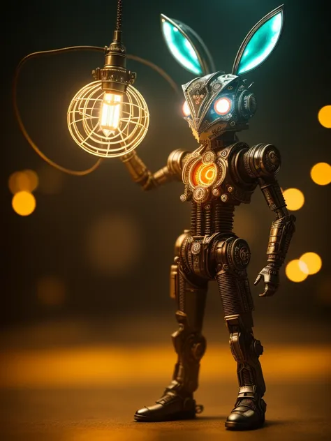 a creepyrabbit made out of metal, cyborg, cyberpunk style, clockwork, ((intricate details)), hdr, ((intricate details, hyperdetailed)), incandescent lamps, cinematic shot, vignette, bokeh effect beckground