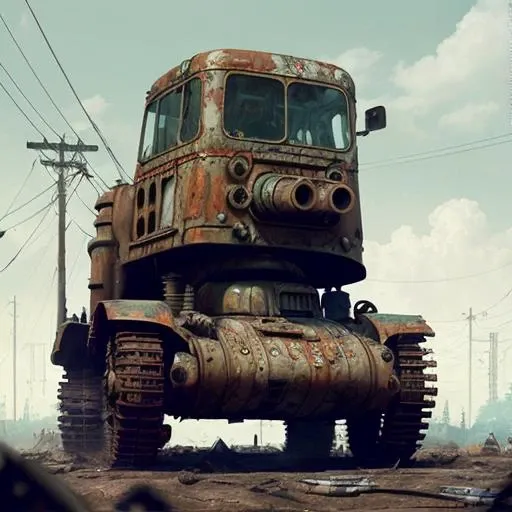 stalenhag, old destroyed rust tank, sci-fi, knots colorfully plastic, smooth round shapes, cyberpunk, hdr, 8k, 4k, octane renderer, huge detailed, artstation
