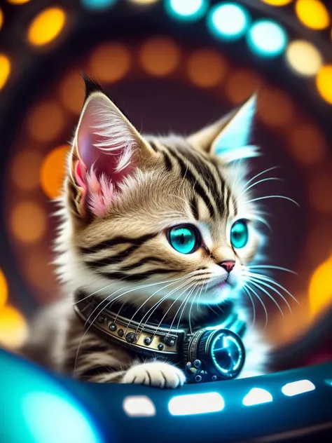 a cute fluffy kitten made out of metal, cyborg, cyberpunk style, clockwork, ((intricate details)), hdr, big eyes, ((intricate details, hyperdetailed)), vacuum tube or electron tube, cinematic shot, vignette, bokeh effect beckground