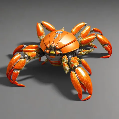 robot crab spider, six thick fat legs, shiny chrome armor plates, meadow flowers stones ground, huge armor, sci-fi, 8k, 4k, octane renderer, (top side view:1.4)
