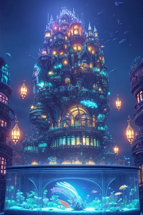 fantasy concept art, a transparent building as a huge aquarium containing fish at night, pretty lights decorations, wide shot, 8k octane render, photorealistic, epic shot, cinematic lighting, detailed building, detailed fish